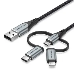 Kabel Vention USB-A  3w1 Micro-B USB-C Lightning 1m szary