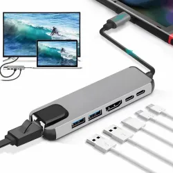 GEMBIRD MULTI ADAPTER USB TYPE-C 5W1 (USB AF AND TYPE-C HUB + HDMI + PD+LAN) SZARY
