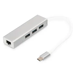 HUB/Koncentrator DIGITUS 3-portowy USB Typ C, USB A HighSpeed z Gigabit LAN aluminium