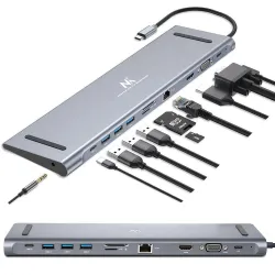 Stacja dokująca HUB USB Typ-C Maclean MCTV-850, HDMI / USB 3.0 / USB-C / VGA/ RJ-45 / PD (Power Delivery), aluminiowa ob