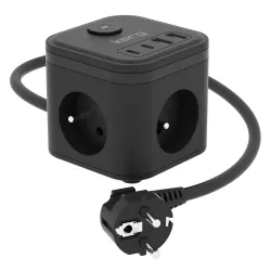 Kostka zasilająca KERG 3-gniazdowa + ładowarka USB-A+USB-C 1,5m 3×1,5mm2 H05VV-F 16A/250V czarna
