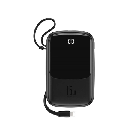 BASEUS Powerbank Qpow z kablem Lightning, USB-C, 2xUSB, 10000mAh, 15W (PPQD-B01) Czarny